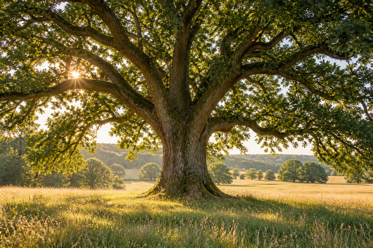 Sunlight filtering through the green canopy of a spreading oak tree